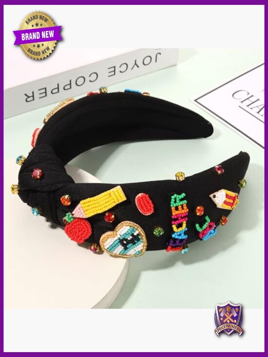 Teacher Appreciation Knotted Headband with Crystal Pearl Pencil Charms